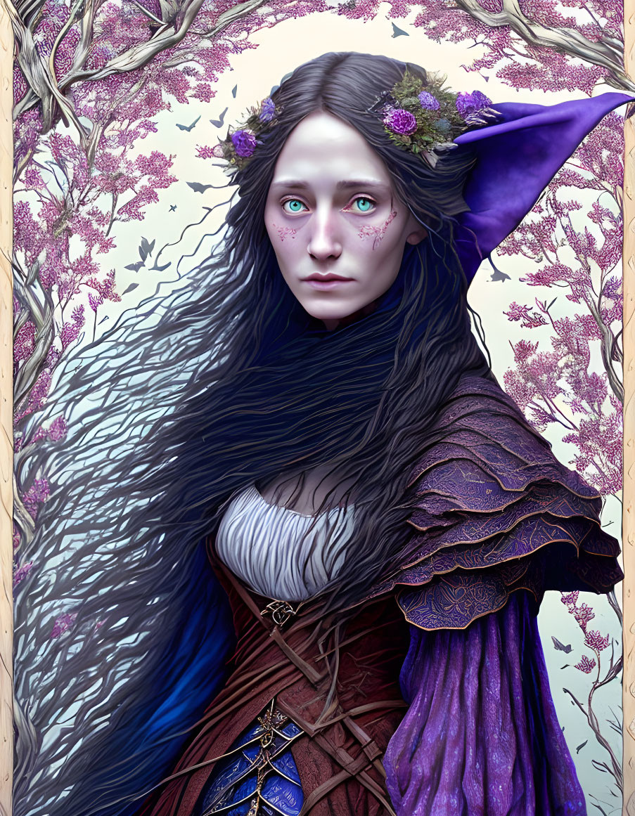 Fantasy portrait of a woman with pointed ears, purple hat, and floral hair against tree branches.