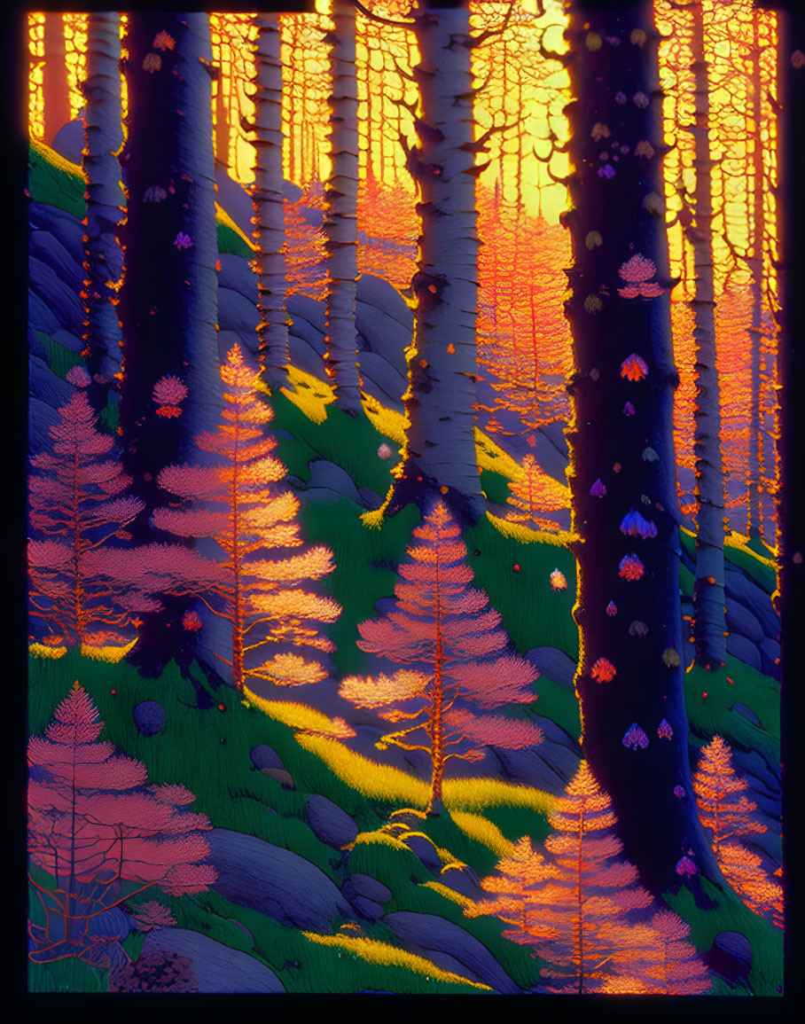 Vibrant digital artwork: Purple trees, orange leaves, green moss.