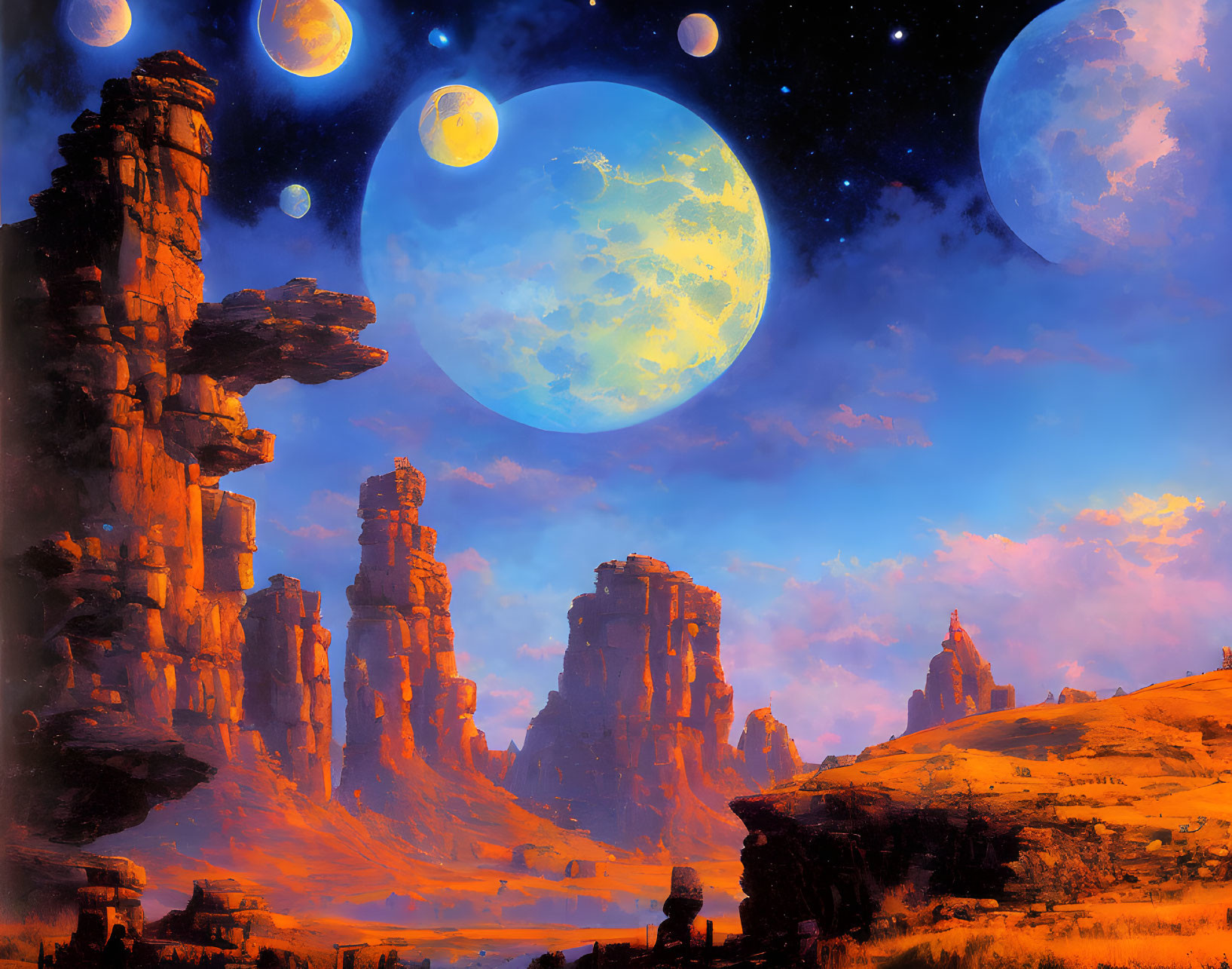 Sci-fi landscape with towering rock formations and multiple moons.