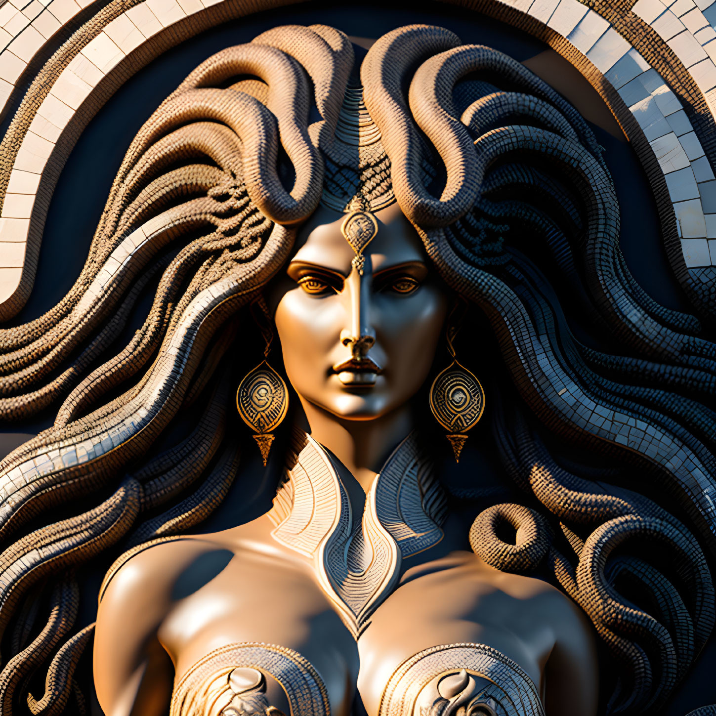 Stylized digital art: Female figure with snake-like hair and intricate patterns