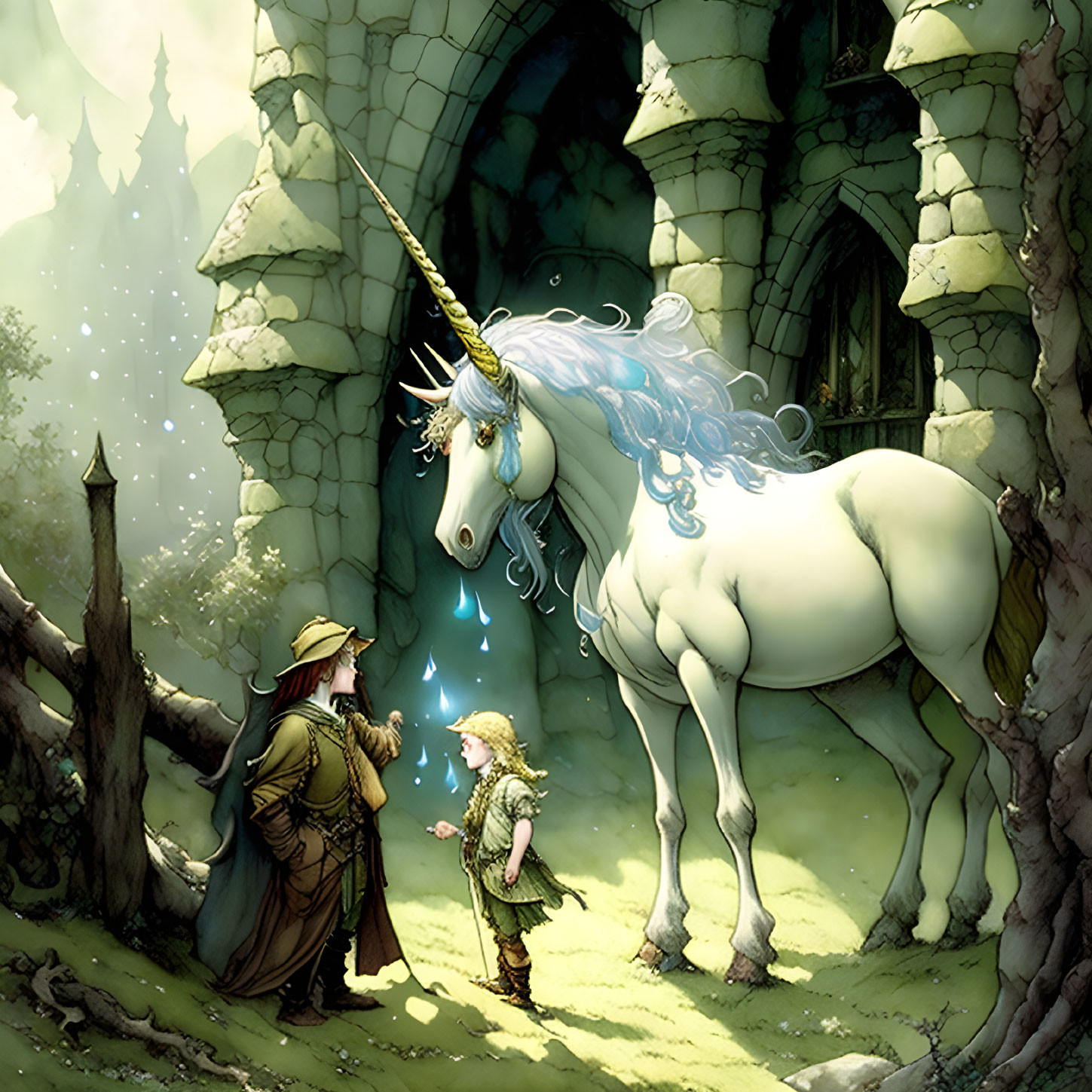 Mystical forest scene with unicorn, wizard, child, and castle