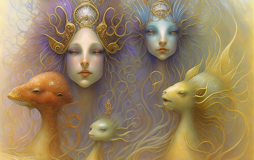 Ethereal faces with whimsical creatures in colorful fantasy artwork