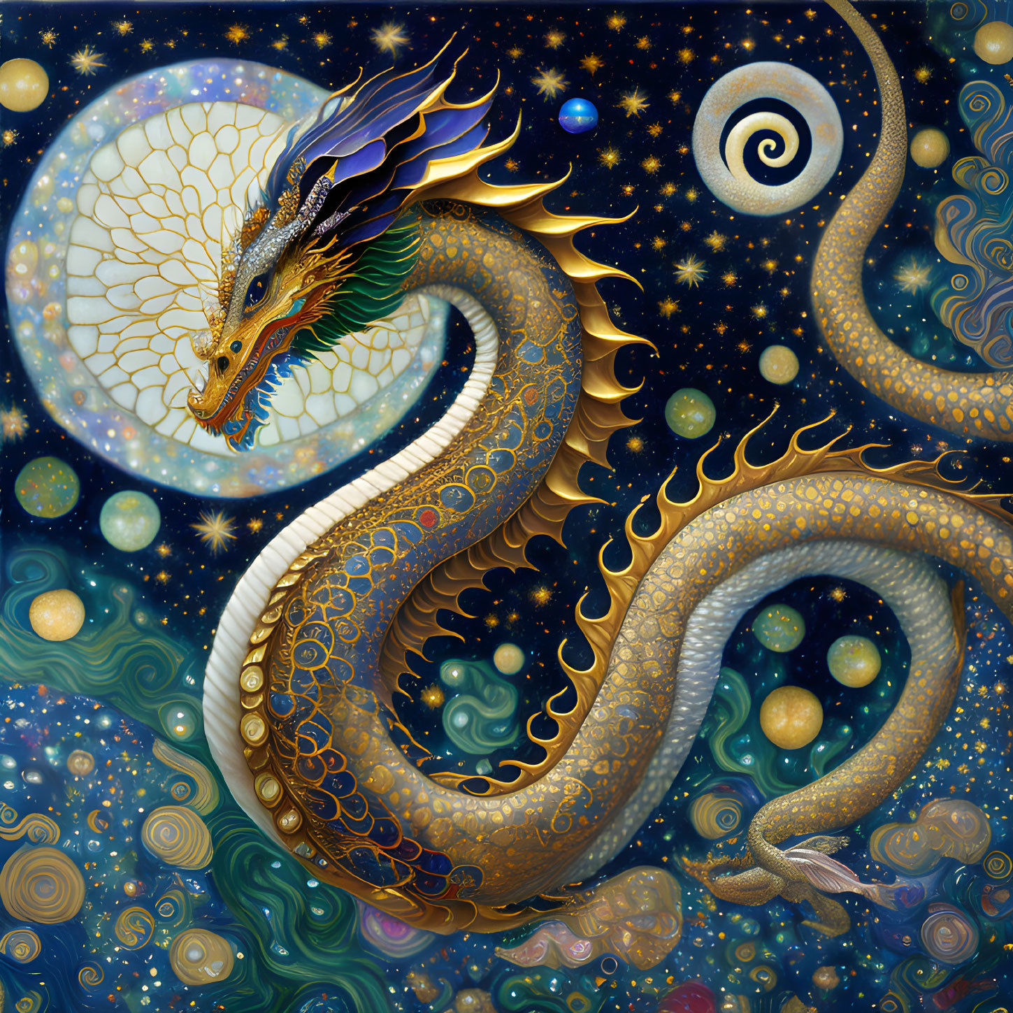 Golden dragon with intricate patterns in cosmic setting