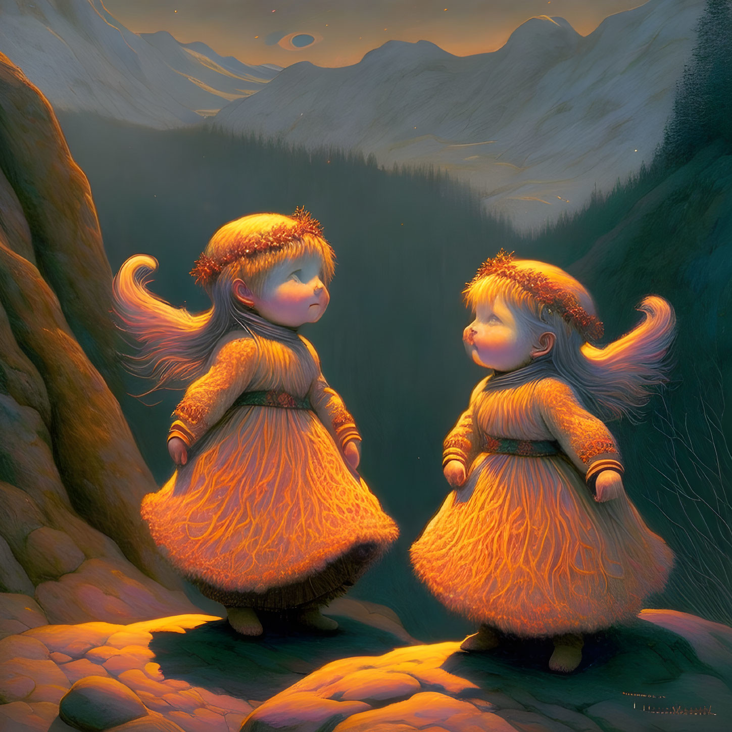 Glowing hair animated girls on rocky overlook at dusk