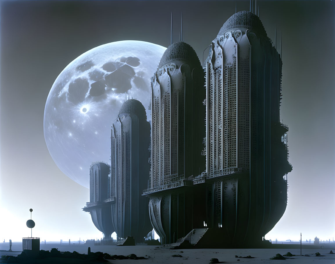 Futuristic cityscape with towering buildings under a large moon