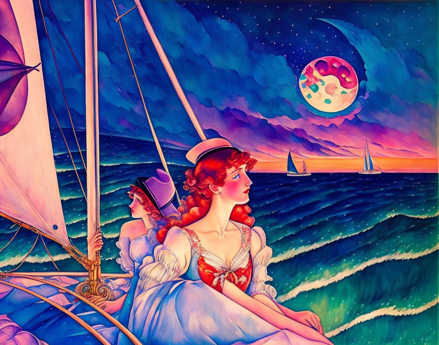 Stylized vintage woman on boat with surreal sea and whimsical moon