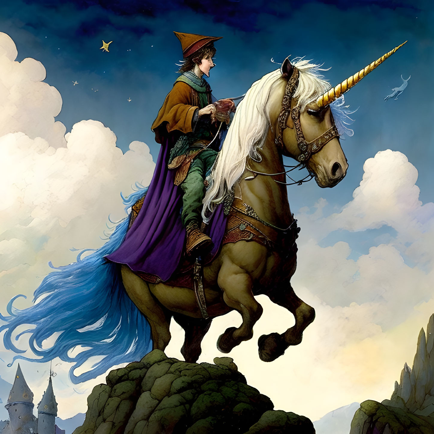 Person riding majestic unicorn above clouds with castle and starry sky.