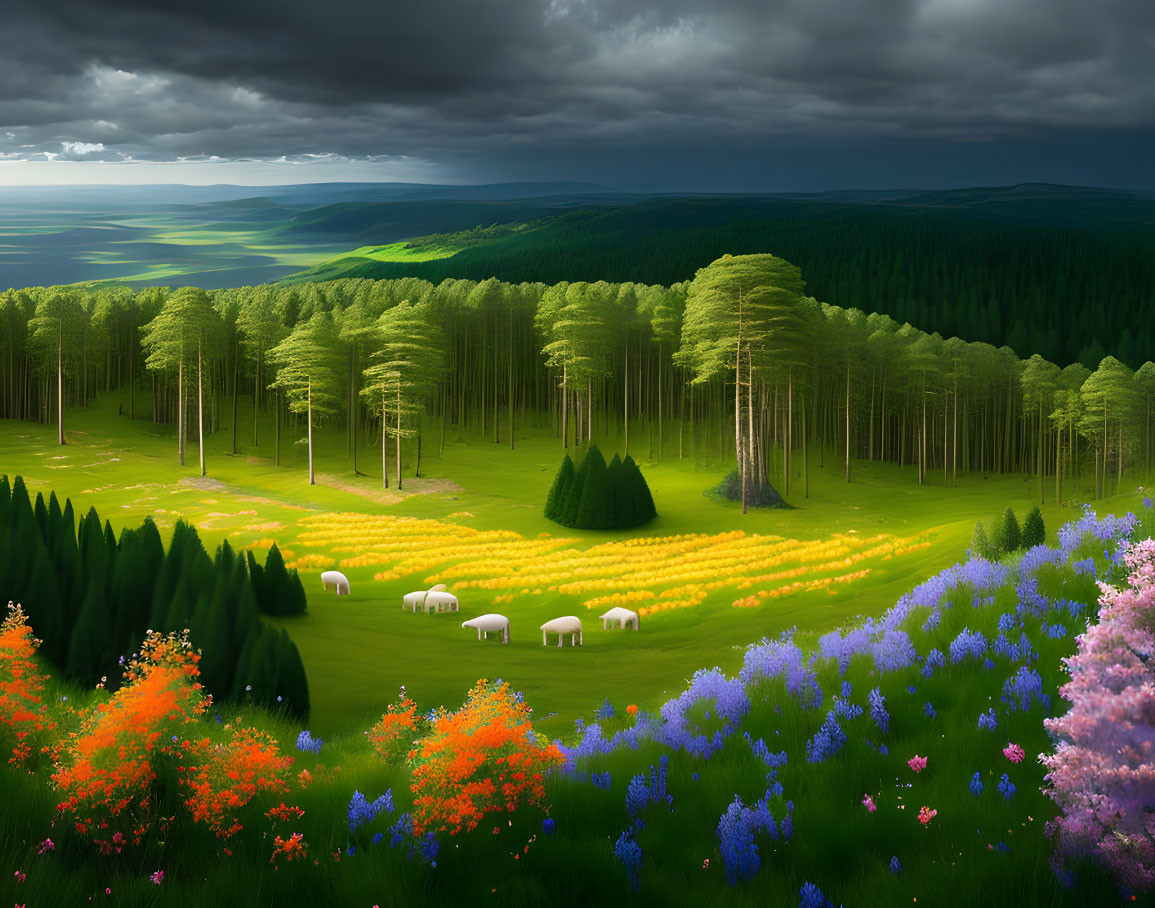 Colorful Flower Landscape with Grazing Sheep and Stormy Sky