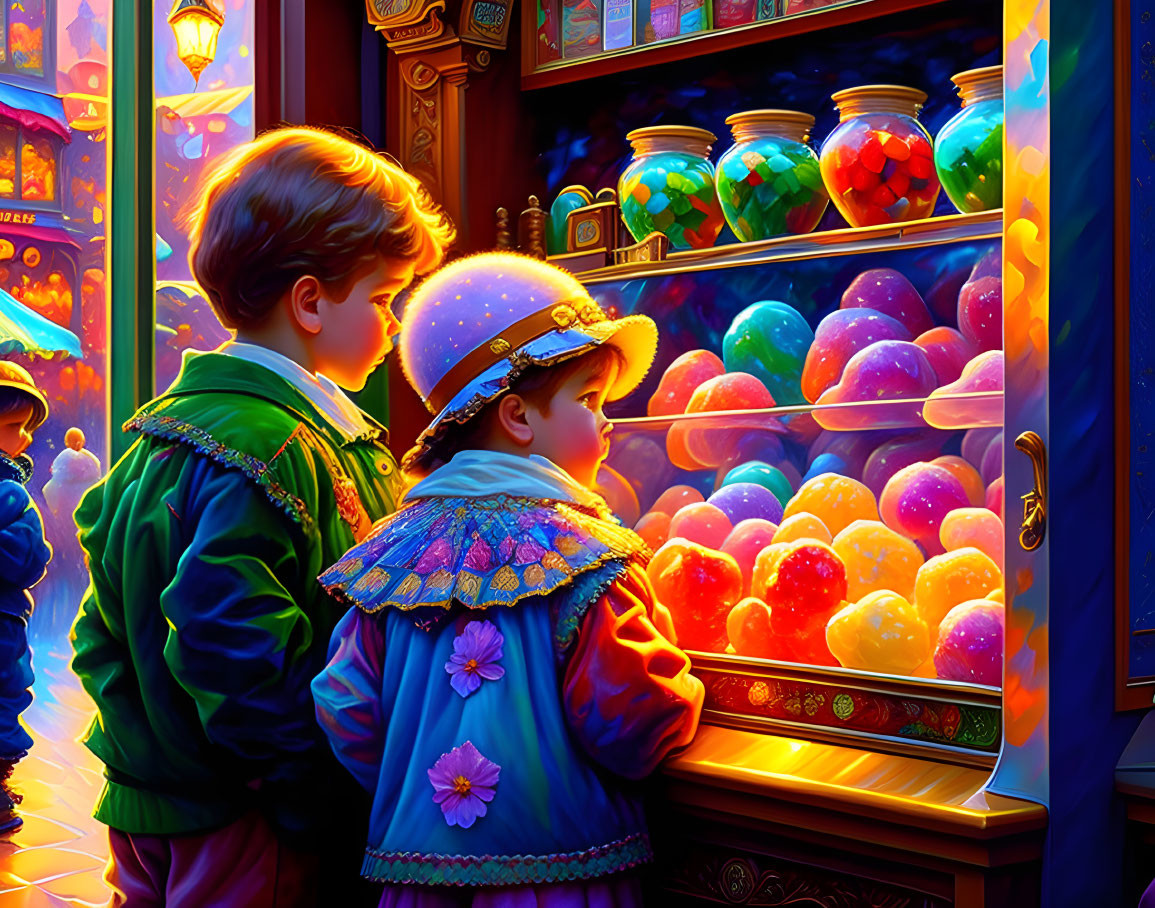 Children in vintage clothing gaze at glowing orbs in candy shop window