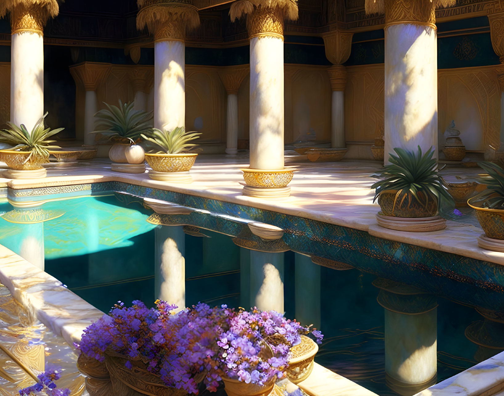 Luxurious setting with ornate columns, pool, and potted plants