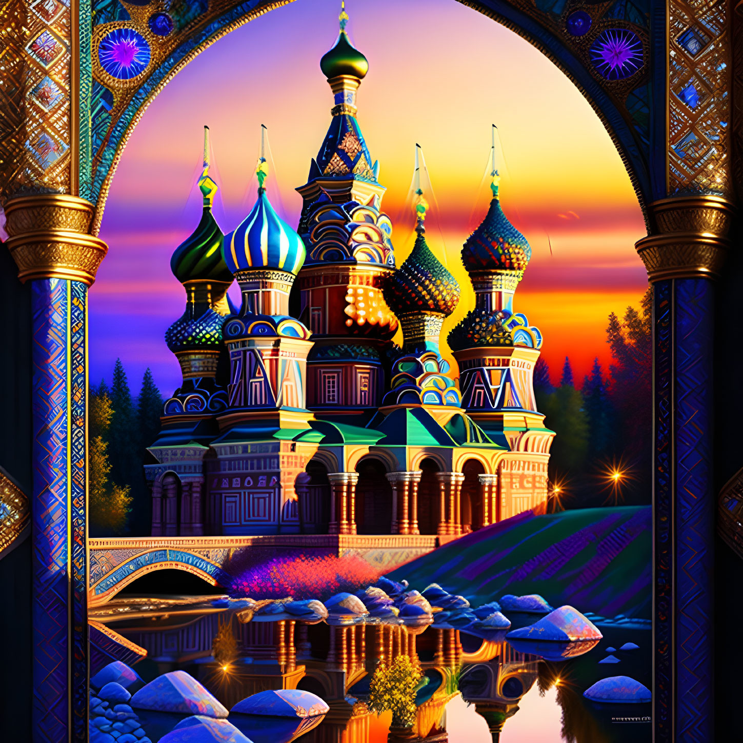 Colorful Saint Basil's Cathedral at sunset with archway, river, and bridge.