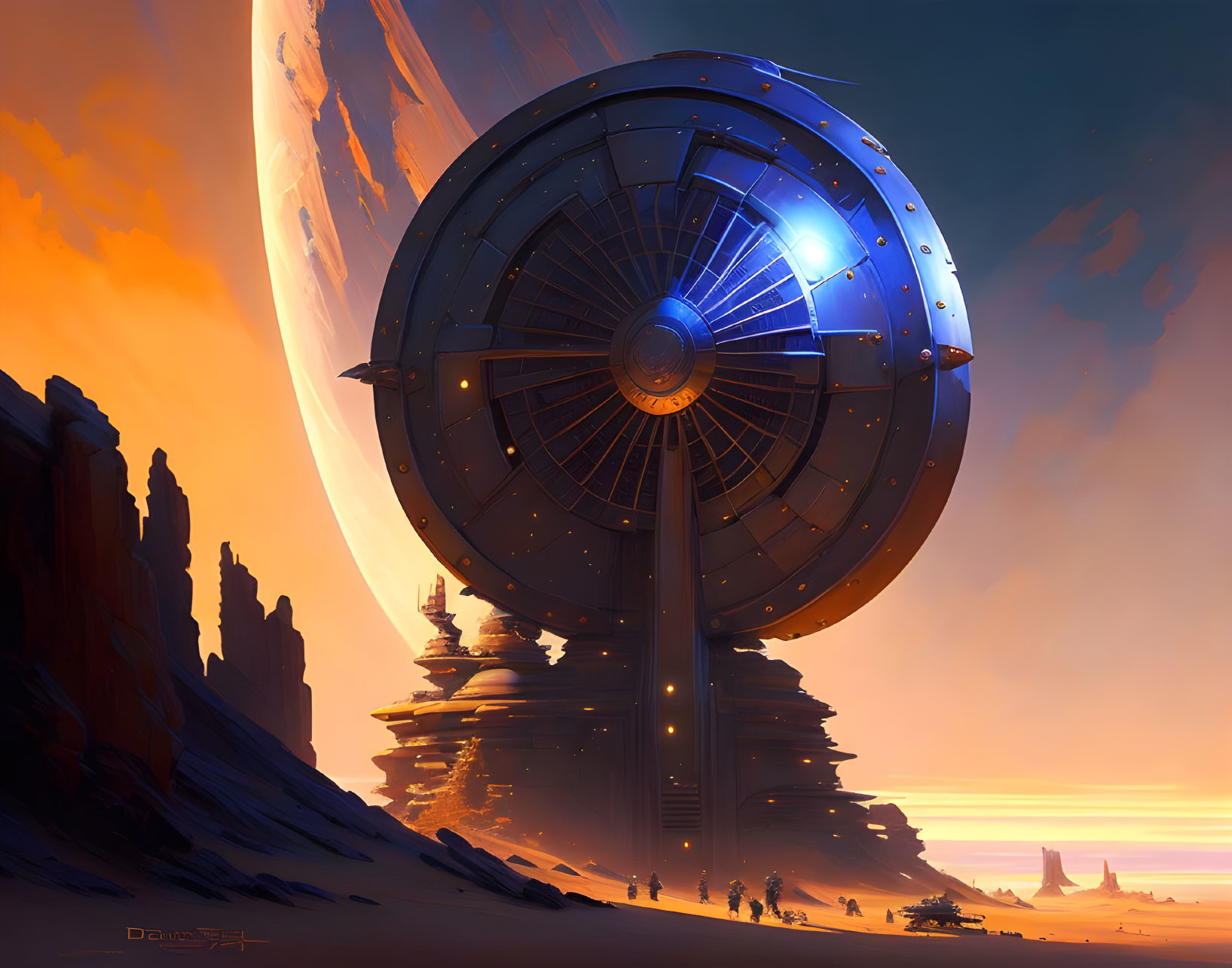 Circular futuristic structure on desert planet with figures approaching.