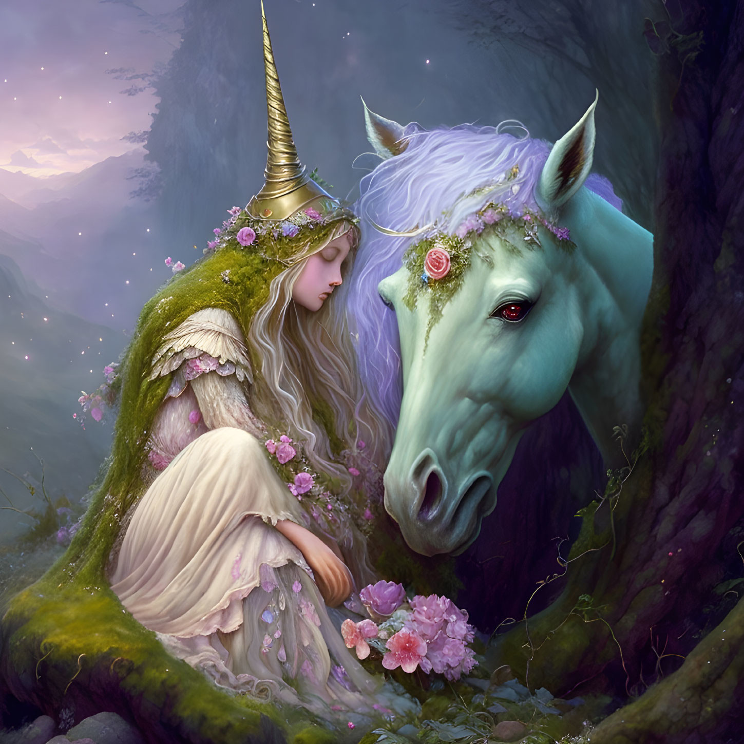 Woman with floral crown and unicorn in enchanted forest with blooming flowers