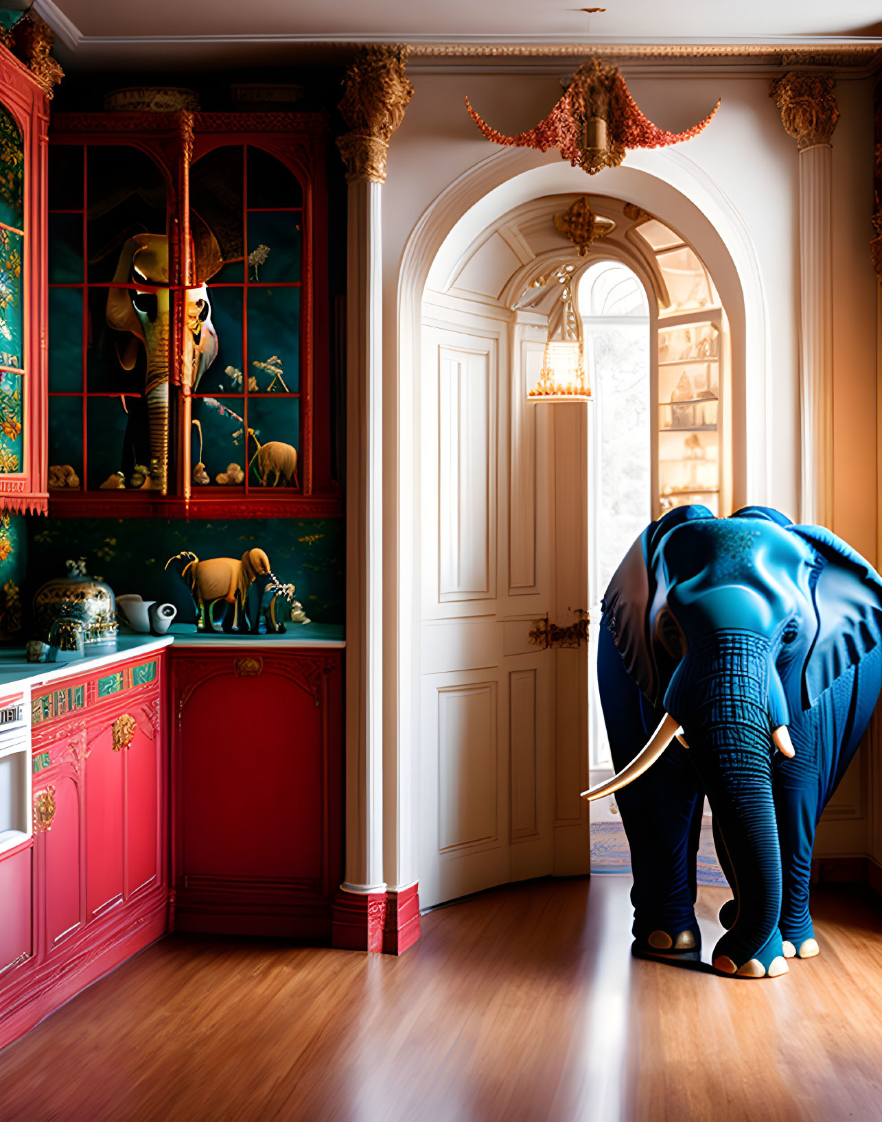 Elephant in luxurious room with red and gold furniture