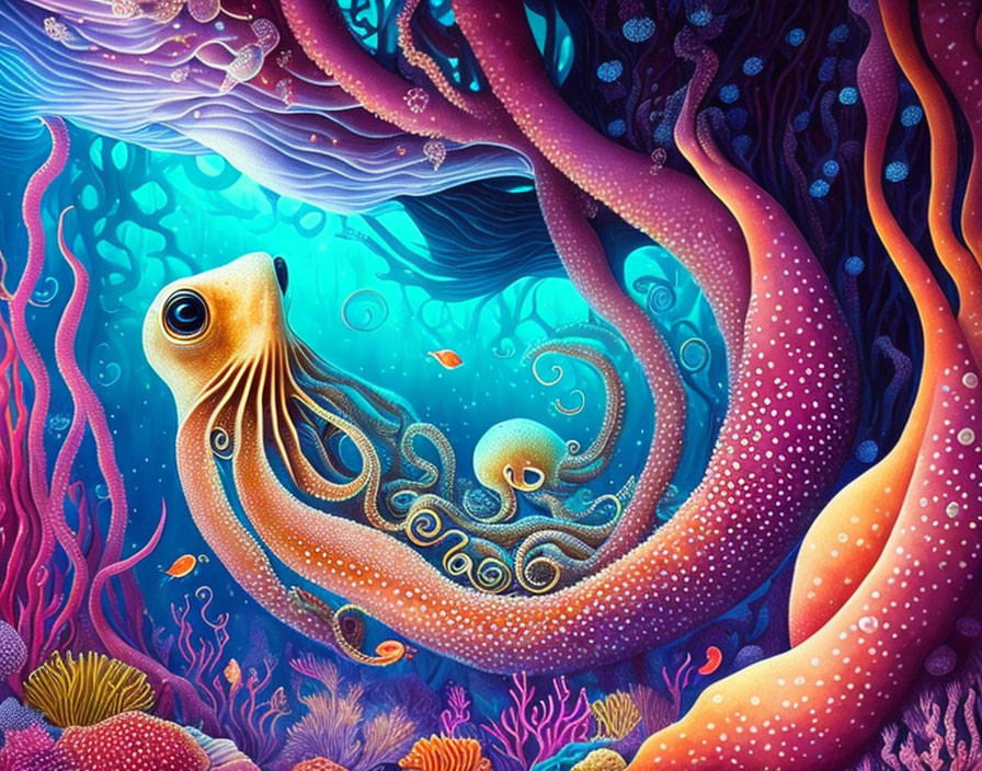 Colorful Underwater Scene with Octopus and Coral Reef