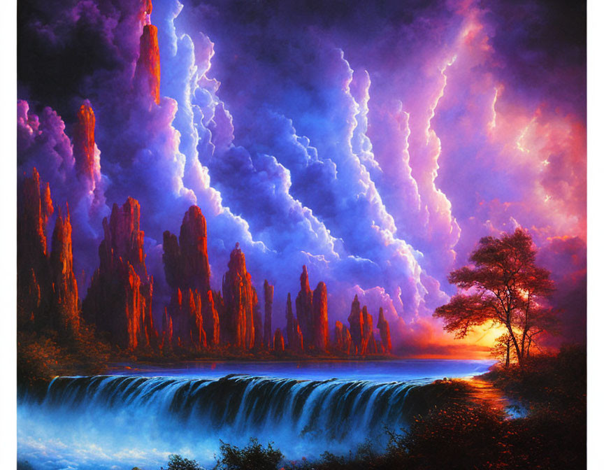 Majestic landscape with waterfall, towering rocks, and purple lightning.