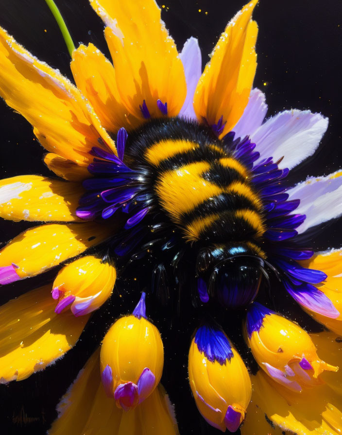 Close-up Photo: Bumblebee on Yellow and Purple Flower with Droplets