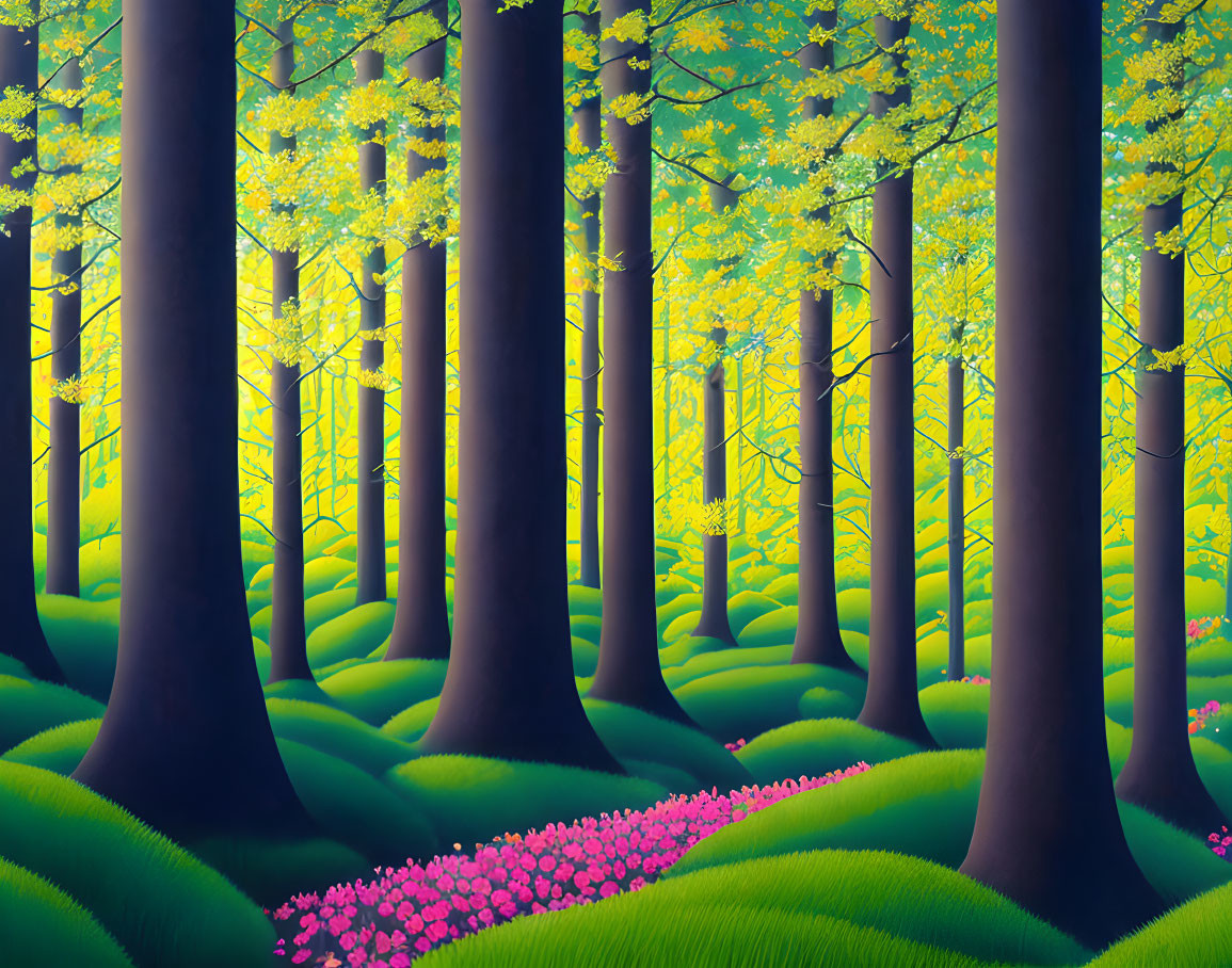 Lush forest illustration with tall trees, green grass, pink flowers, and sunlit foliage