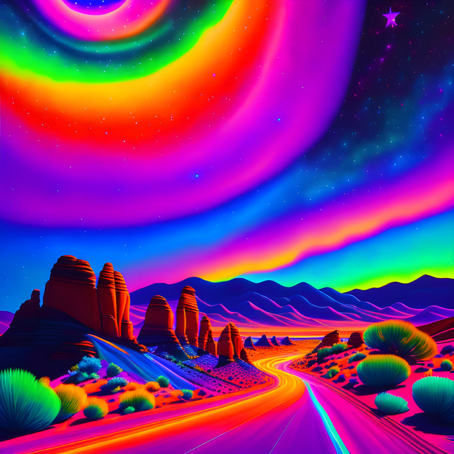 Colorful digital art of desert landscape under psychedelic sky