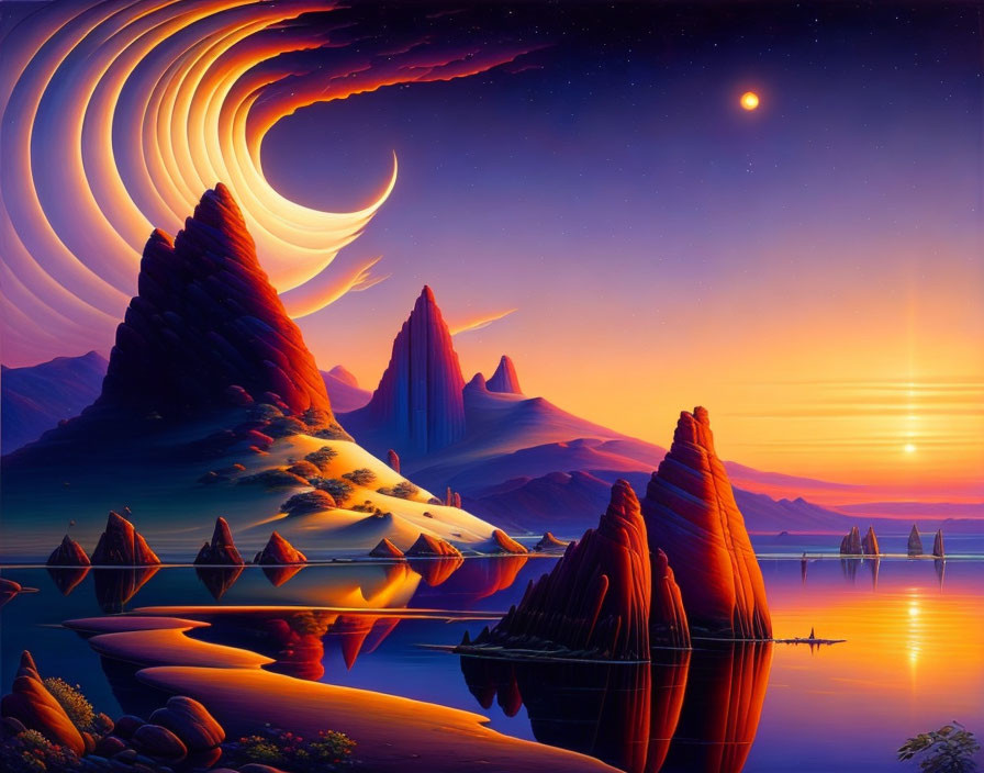 Surreal sunset landscape with crimson spires, galaxy-filled sky, and distant planet