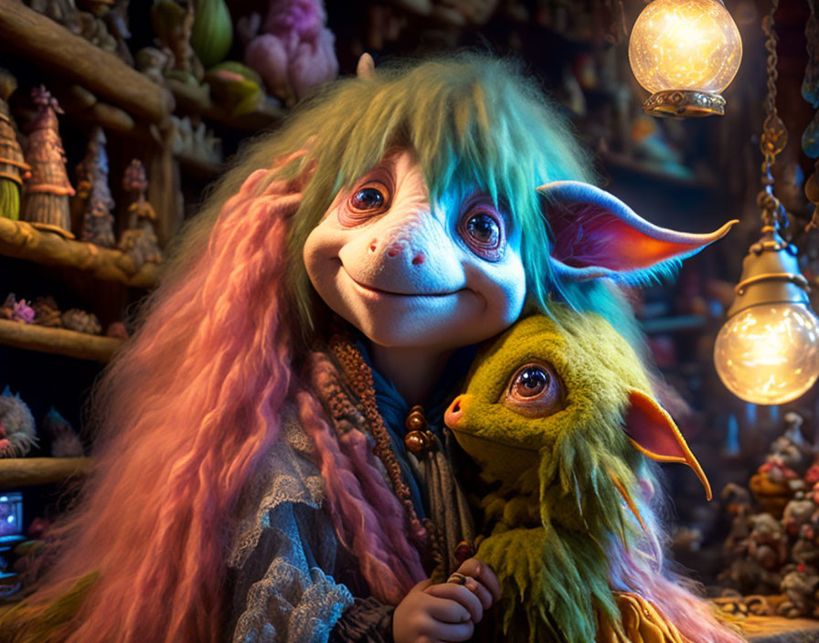 Whimsical creature with rainbow hair in cozy setting