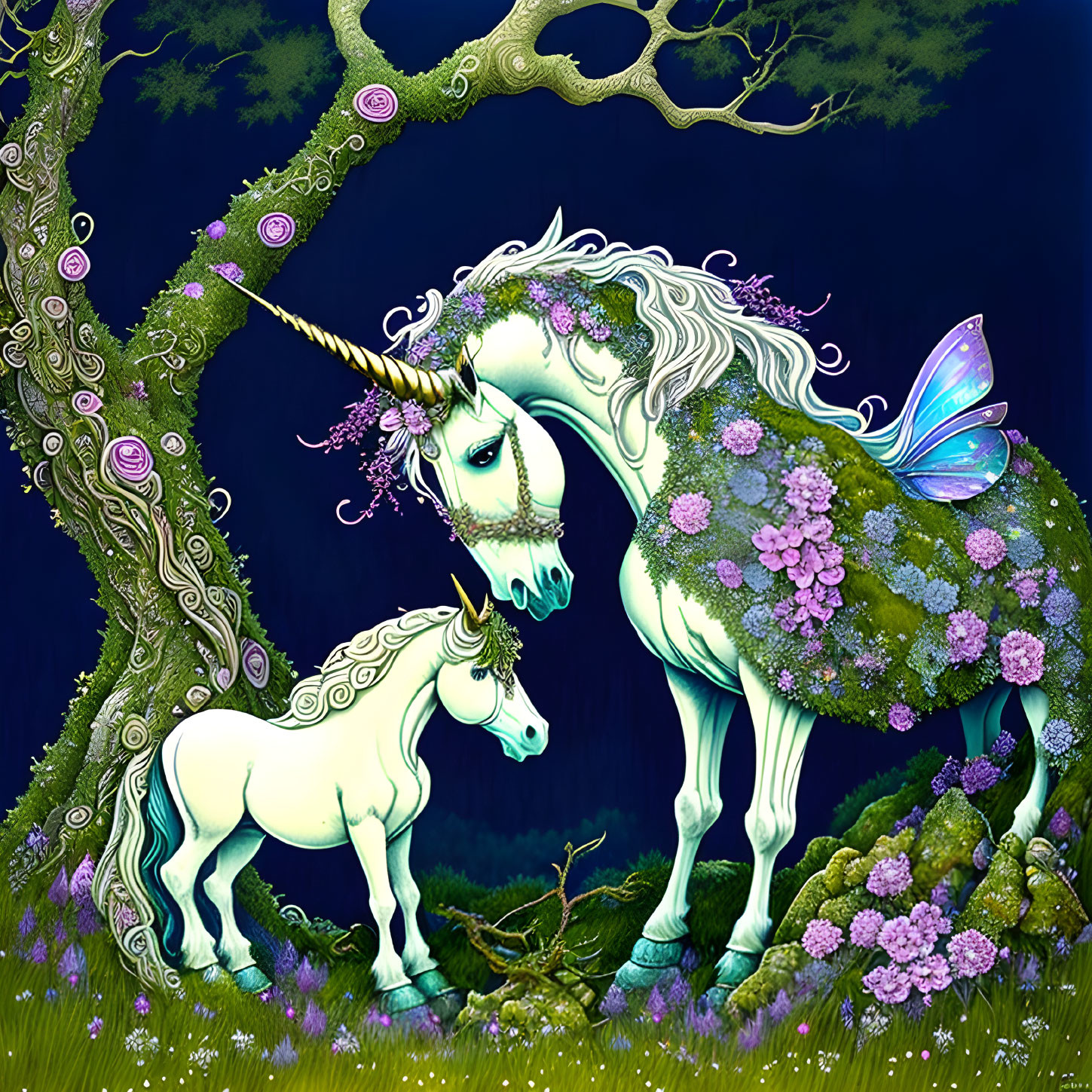 White unicorn and foal in floral forest with butterfly
