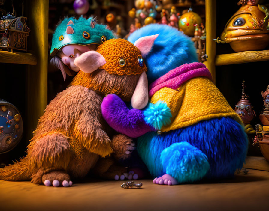 Colorful Fluffy Creatures Hugging Near Whimsical Shelf