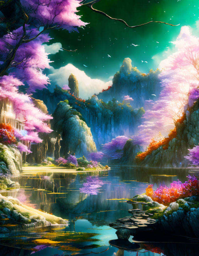 Tranquil fantasy landscape with lake, flora, stones, mountains, starry sky