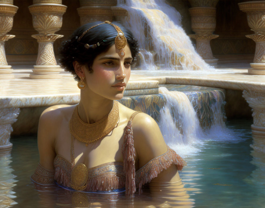 Woman with jewelry in water near fountain and classical architecture.