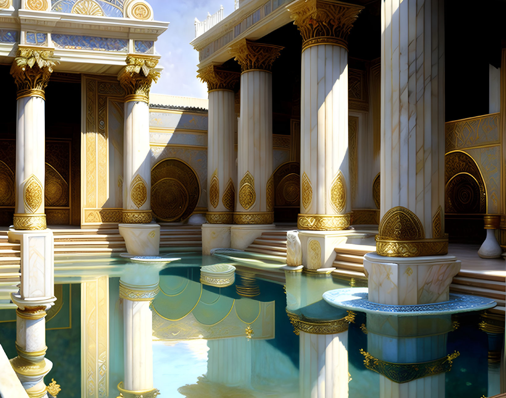 Ancient palace with golden details and columns reflected in blue water