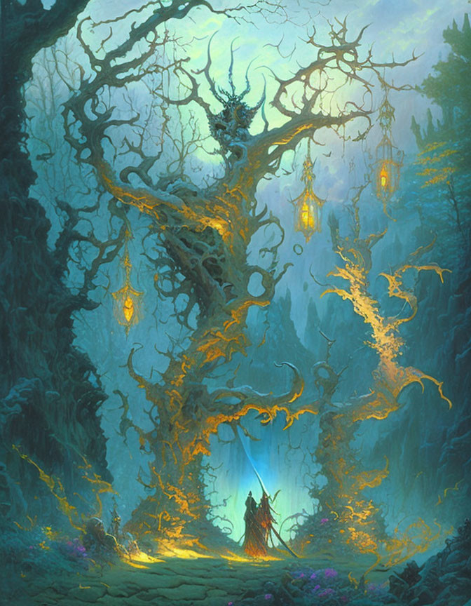 Enchanted forest with tall trees, lanterns, and cloaked figure holding sword.