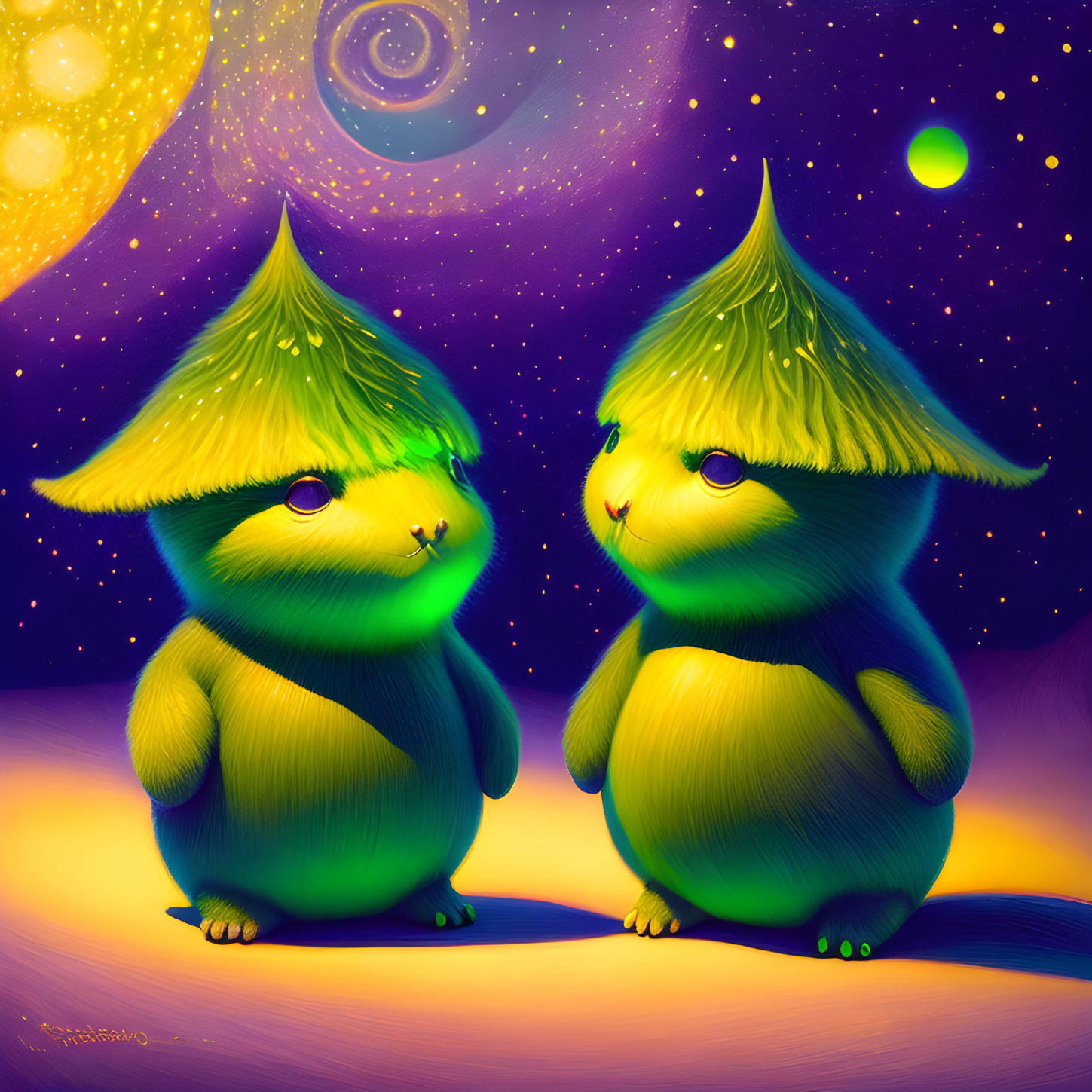 Whimsical creatures with grass-like fur under swirling purple sky