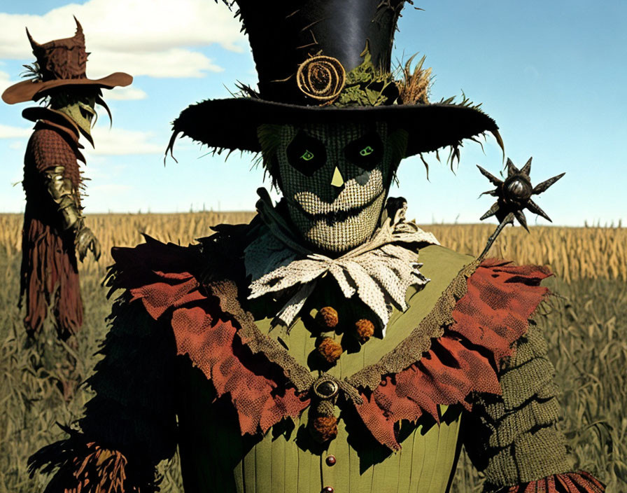 Detailed illustration of scarecrow with green face, hat, suit, frilly collar in field.