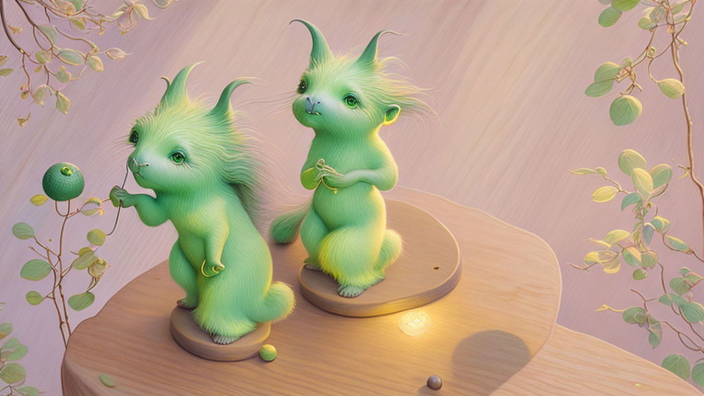 Whimsical green creatures on wooden platforms with a small green orb