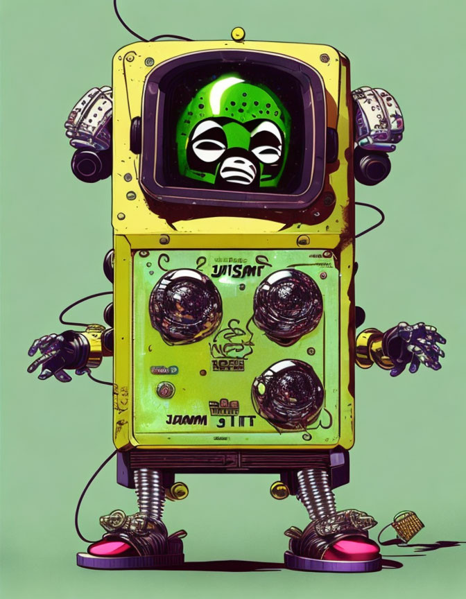 Vintage-Style Robot with TV Head and Alien Face on Yellow Body