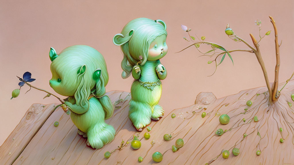 Green whimsical creatures with leaf-like features playing with butterflies on wooden surface surrounded by round fruits.