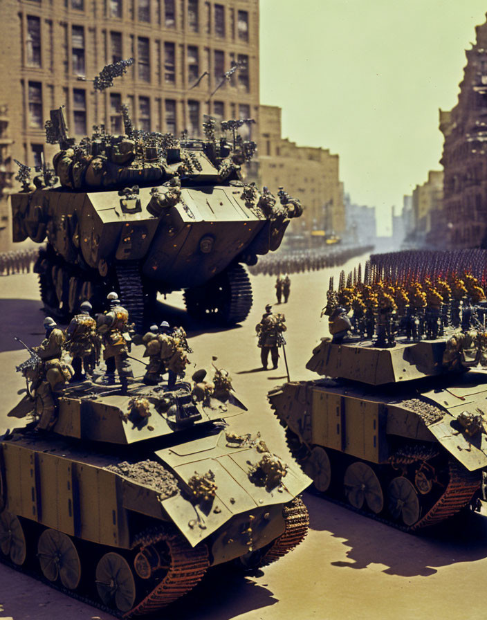 Armored tanks and soldiers in city parade under clear skies