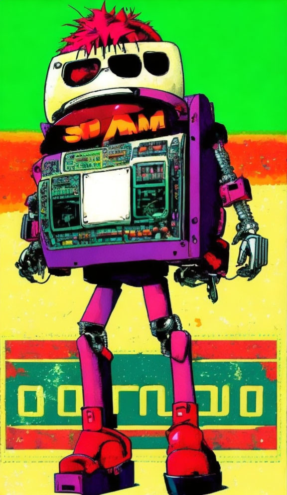 Retro-futuristic robot with TV screen torso and spikey hair on vibrant green and yellow background