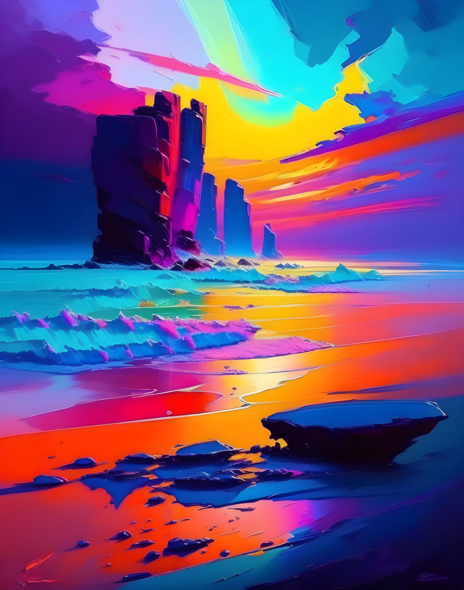 Surreal coastal landscape with vivid colors and sharp cliffs