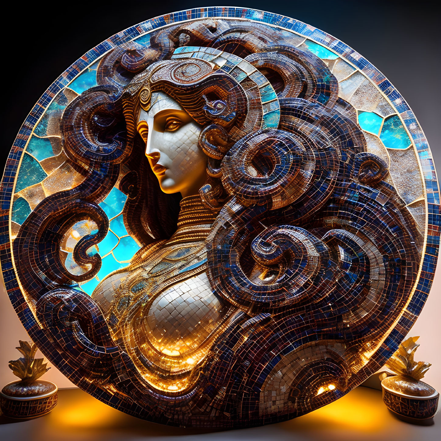 Circular mosaic of a woman with spiral patterns and golden highlights