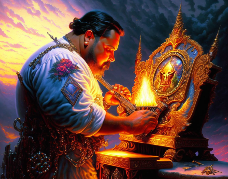 Bearded man in ornate clothing creating intricate art with mystical elements