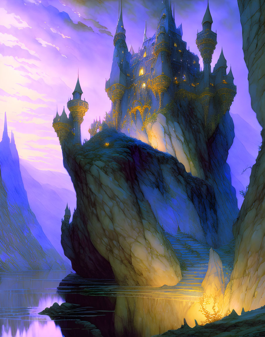 Enchanting castle with illuminated towers on cliff at twilight