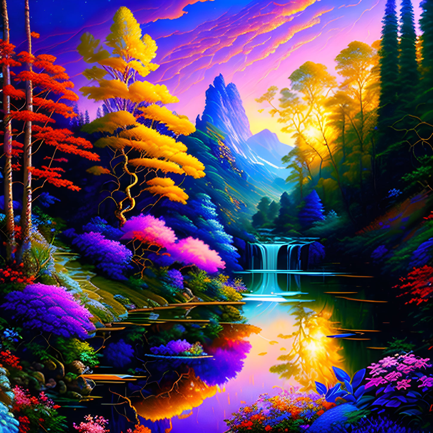 Colorful landscape with waterfall, diverse flora, river, and mountain under purple sky