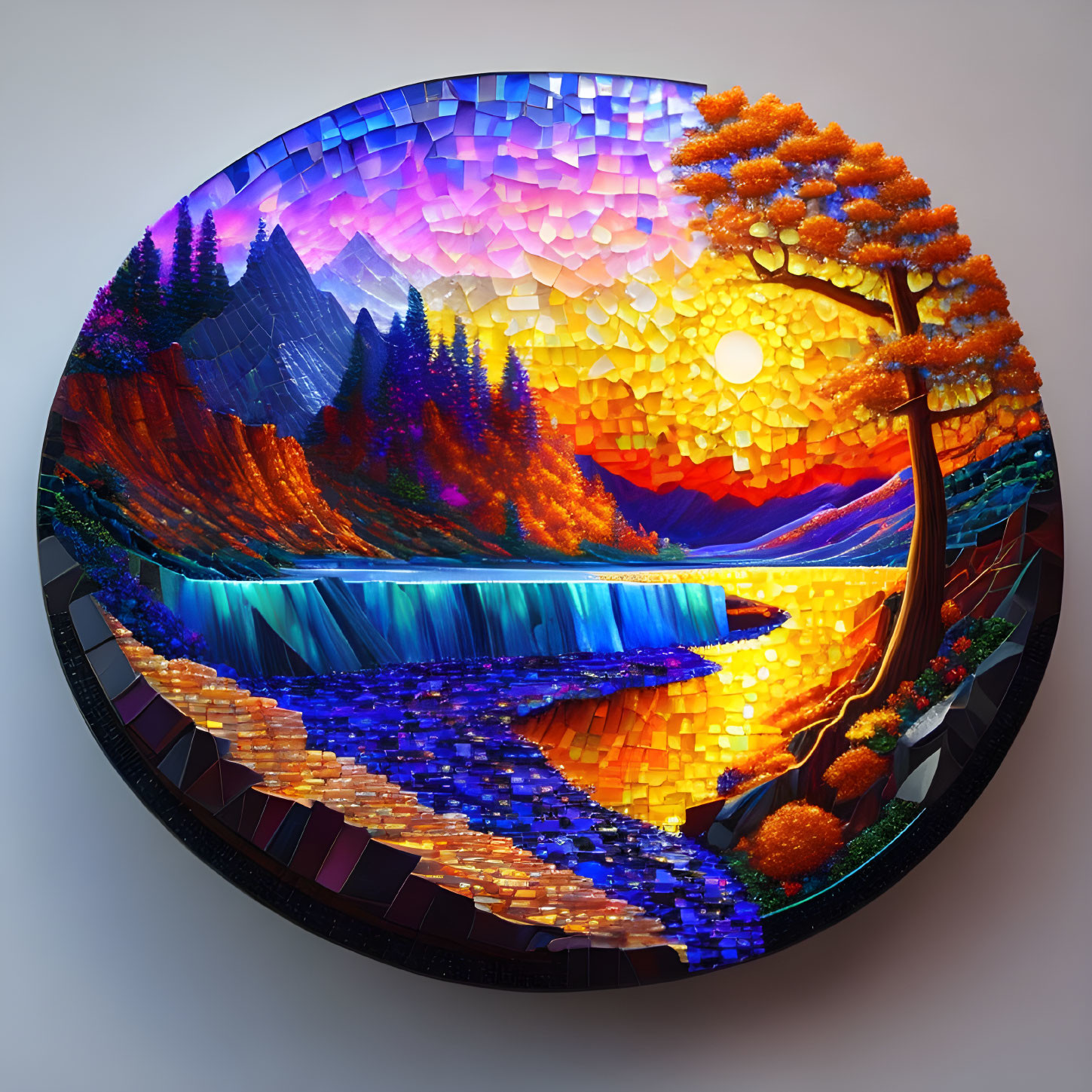 Circular mosaic of vivid autumn landscape with trees, waterfall, river, and sunset sky