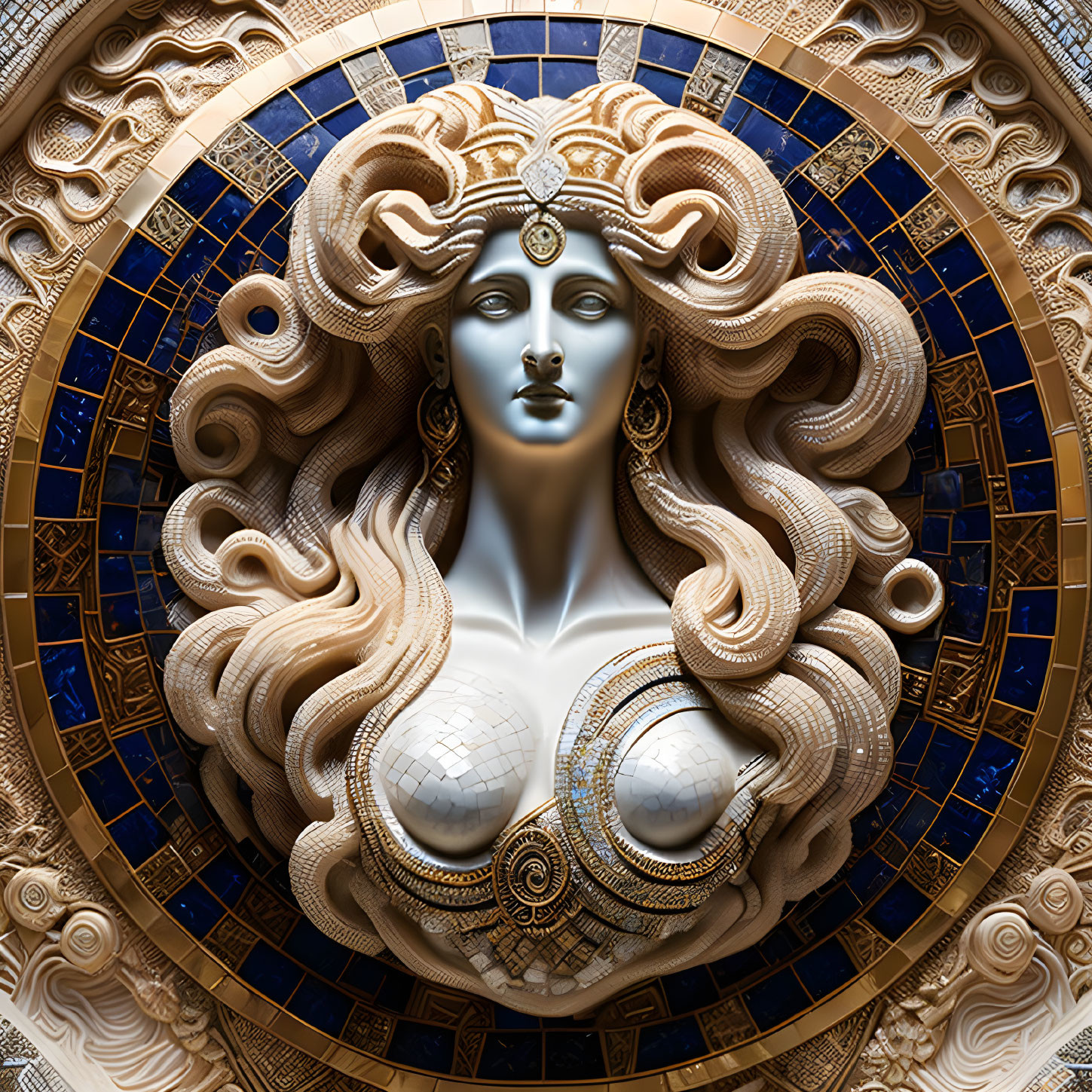 Ornate bust of female figure with elaborate hair and jewelry on celestial-themed blue and gold background