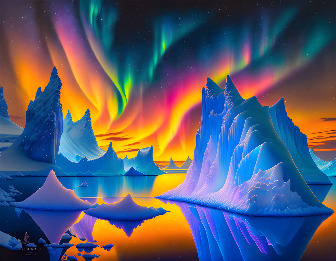 Digital Artwork: Arctic Scene with Aurora Borealis and Glowing Icebergs