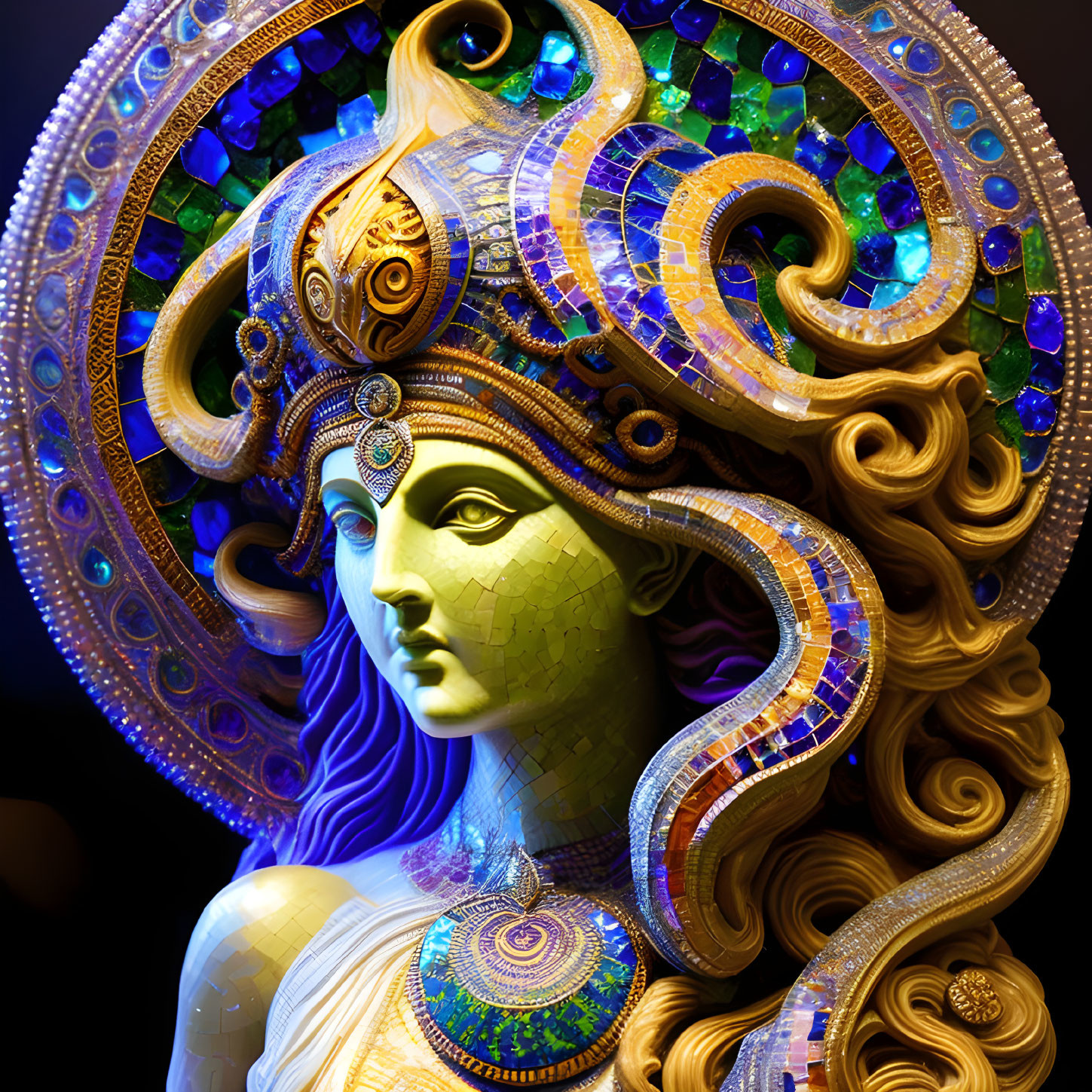 Colorful mosaic sculpture of woman with golden curls and circular headdress.