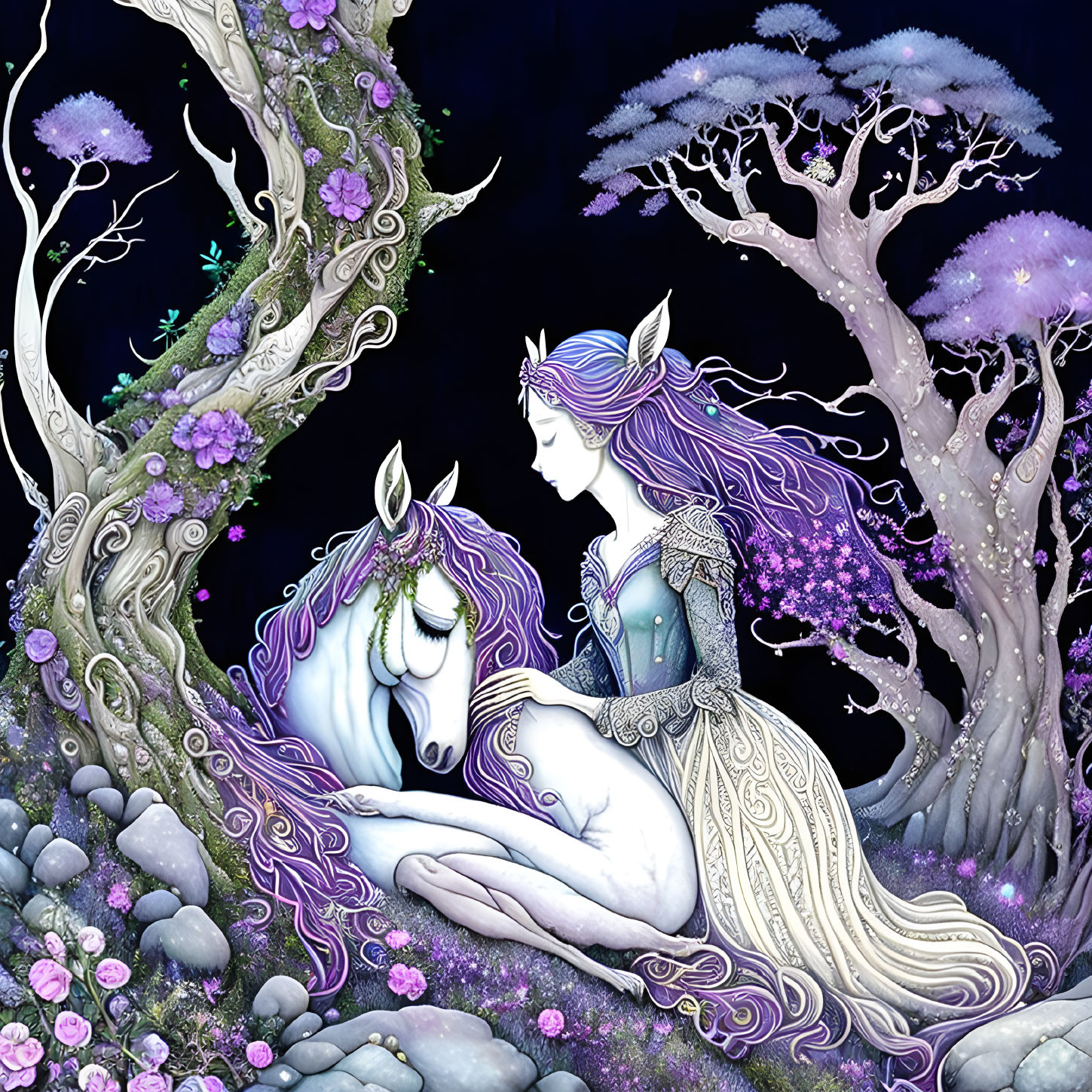 Purple-haired elven woman with unicorn in a magical forest setting