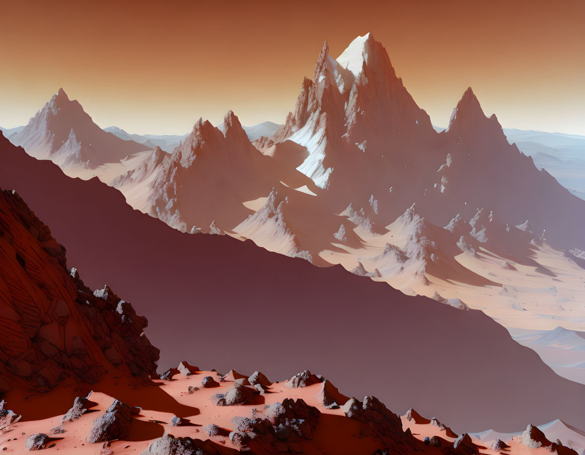 Snow-capped mountain peaks in Mars-like landscape