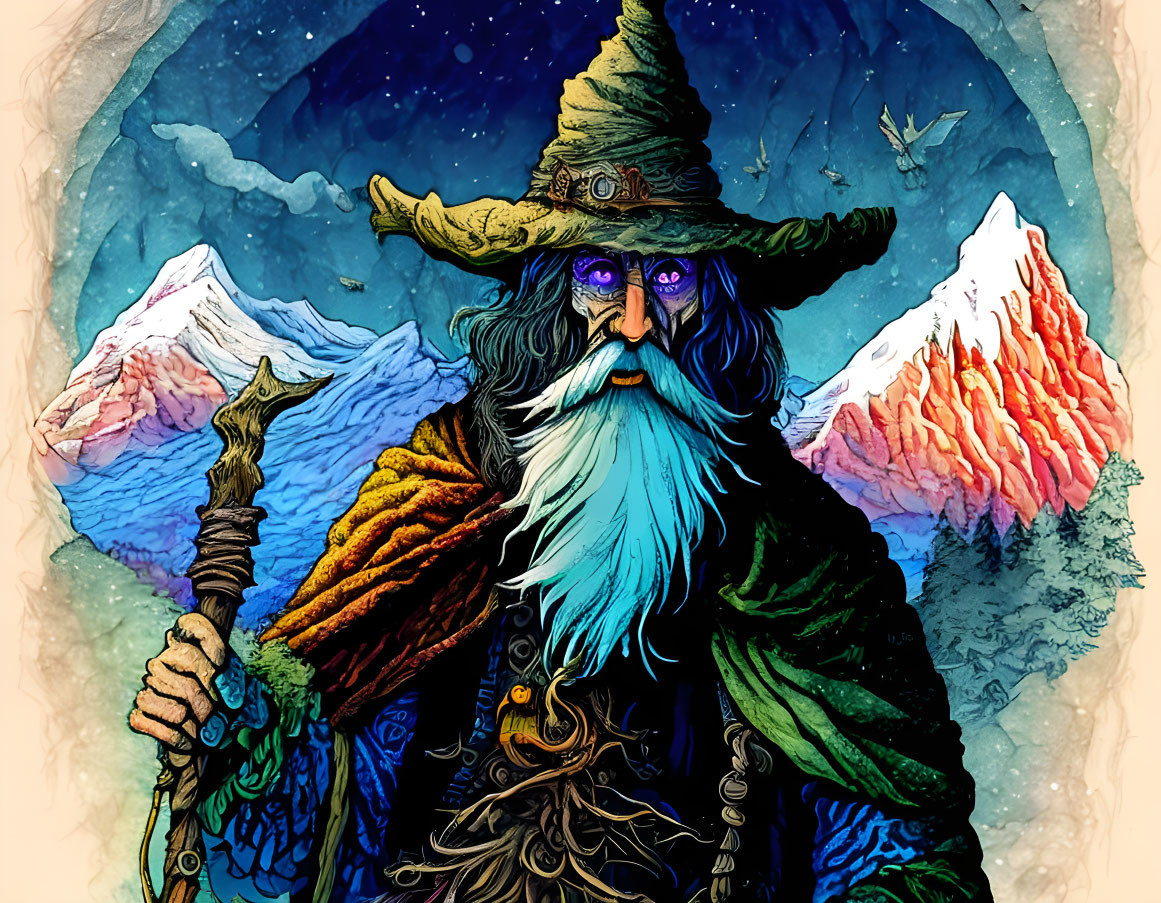 Colorful Wizard with Blue Beard and Staff in Mountain Landscape